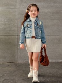 Young Girl Street Cowgirl Casual Distressed Washed Denim Short Jacket, Baby Blue, School, Campus, College Spring - Medium Wash - View 7