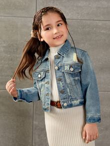 Young Girl Street Cowgirl Casual Distressed Washed Denim Short Jacket, Baby Blue, School, Campus, College Spring - Medium Wash - View 6