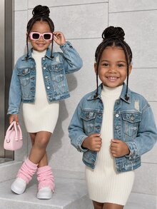Young Girl Street Cowgirl Casual Distressed Washed Denim Short Jacket, Baby Blue, School, Campus, College Spring - Medium Wash - View 2