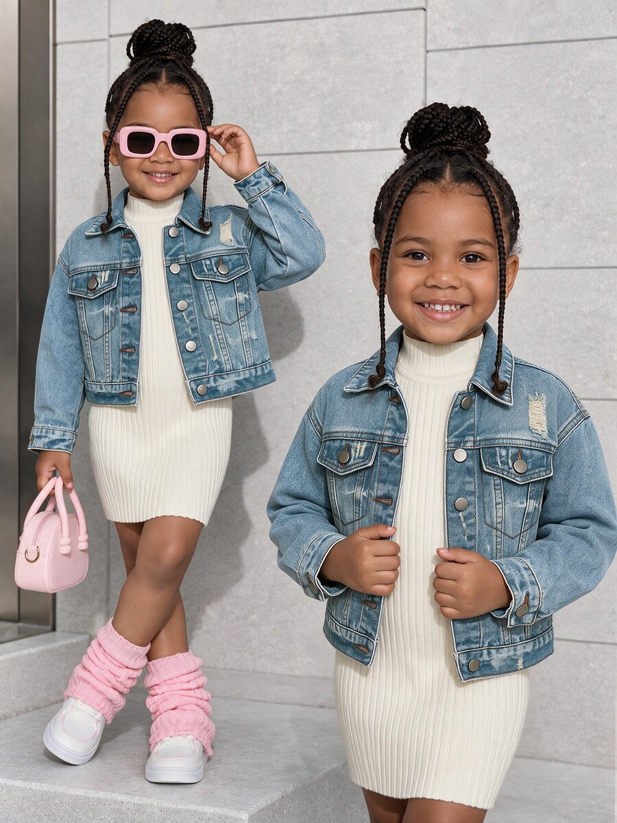 Young Girl Street Cowgirl Casual Distressed Washed Denim Short Jacket, Baby Blue, School, Campus, College Spring