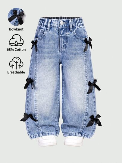 Elladie kids Young Girls Baby Blue Back-To-School Wide Leg Jeans,3D Bow Distressed Vintage Cowgirl Baggy Denim Pants,Y2K Style Heart Embroidered Soft Summer