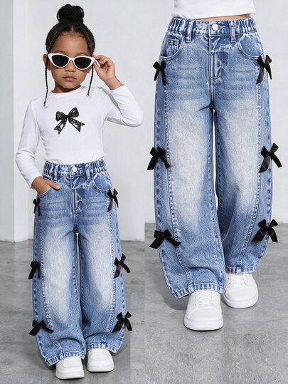 Elladie kids 女童淺藍色開學寬腿牛仔褲，3D蝴蝶結破洞復古牛仔女孩寬鬆丹寧褲，Y2K風格愛心刺繡柔軟夏季款
