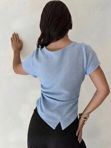 Firerie 女款棉質休閒簡約優雅格紋不對稱下擺襯衫，夏季辦公日常穿著，教師節適用，淺藍色藍白條紋 - 藍白色 - 查看 2