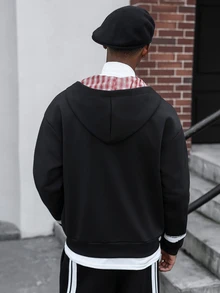 Major Grit 男士拼色格紋保暖內裡拉鍊連帽外套，哥德風 - 黑色 - 查看 2