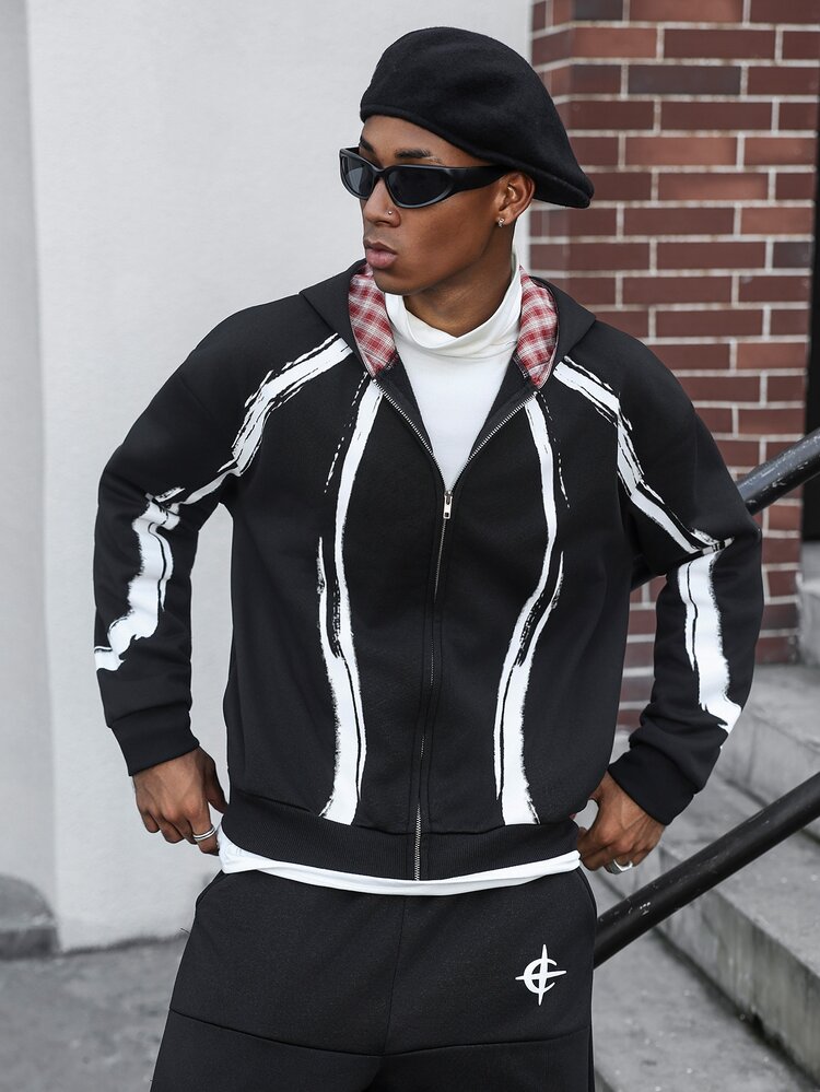 Major Grit Men's Colorblock Plaid Thermal Lined Zip Up Hoodie, Goth - Black - View 3