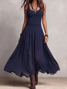 Everyssa Knitted Vest-Style AB Patchwork Western Bohemian Vintage Holiday French Elegant Commute Casual Spring Summer Women's Dress - Navy Blue - View 3