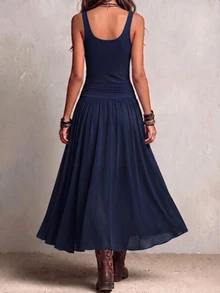 Everyssa Knitted Vest-Style AB Patchwork Western Bohemian Vintage Holiday French Elegant Commute Casual Spring Summer Women's Dress - Navy Blue - View 2
