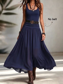 Everyssa Knitted Vest-Style AB Patchwork Western Bohemian Vintage Holiday French Elegant Commute Casual Spring Summer Women's Dress - Navy Blue - View 5