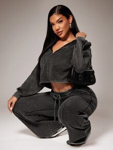 Radiana American Vintage Black & Grey Washed Distressed Sweatpants Street Casual Low Waist Wide Leg Loose Extra Long Pants - Black - View 8