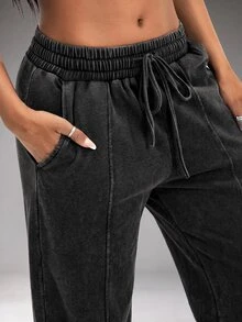 Radiana American Vintage Black & Grey Washed Distressed Sweatpants Street Casual Low Waist Wide Leg Loose Extra Long Pants - Black - View 6