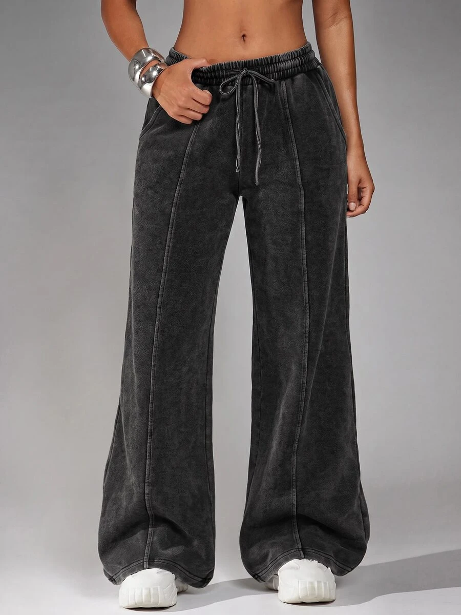 Radiana American Vintage Black & Grey Washed Distressed Sweatpants Street Casual Low Waist Wide Leg Loose Extra Long Pants - Black - View 1