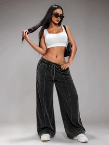Radiana American Vintage Black & Grey Washed Distressed Sweatpants Street Casual Low Waist Wide Leg Loose Extra Long Pants - Black - View 4