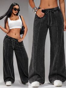 Radiana American Vintage Black & Grey Washed Distressed Sweatpants Street Casual Low Waist Wide Leg Loose Extra Long Pants - Black - View 2