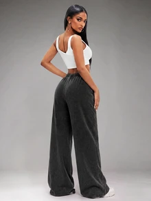 Radiana American Vintage Black & Grey Washed Distressed Sweatpants Street Casual Low Waist Wide Leg Loose Extra Long Pants - Black - View 5