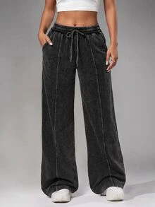 Radiana American Vintage Black & Grey Washed Distressed Sweatpants Street Casual Low Waist Wide Leg Loose Extra Long Pants - Black - View 7