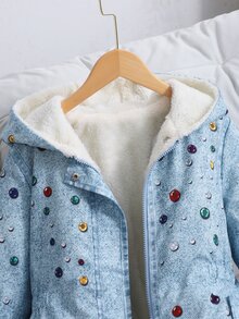 SHEIN 女童連帽保暖內裡中長版外套，丹寧感淺藍色串珠裝飾，羊羔絨加厚內裡，冬季校園與校外穿搭可愛日系風 - 藍色 - 查看 3
