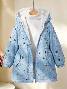 SHEIN 女童連帽保暖內裡中長版外套，丹寧感淺藍色串珠裝飾，羊羔絨加厚內裡，冬季校園與校外穿搭可愛日系風 - 藍色 - 查看 4