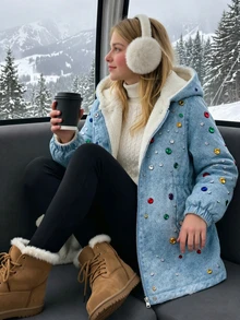 SHEIN 女童連帽保暖內裡中長版外套，丹寧感淺藍色串珠裝飾，羊羔絨加厚內裡，冬季校園與校外穿搭可愛日系風 - 藍色 - 查看 8