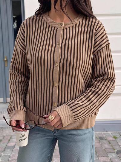 Solavibe Vintage Milk Coffee Vertical Striped Knit Plus Size Cardigan Casual Daily Wear Office Work School Outfit