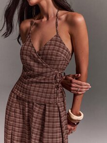 Athîral Women's Casual Halter Neck Tie Sleeveless Top & Balloon Pants Two Pieces Set, Suitable For Daily Wear, Date, Party - Burgundy - View 2