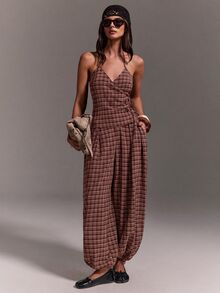 Athîral Women's Casual Halter Neck Tie Sleeveless Top & Balloon Pants Two Pieces Set, Suitable For Daily Wear, Date, Party - Burgundy - View 5