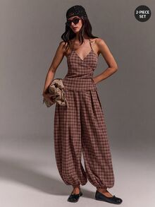 Athîral Women's Casual Halter Neck Tie Sleeveless Top & Balloon Pants Two Pieces Set, Suitable For Daily Wear, Date, Party - Burgundy - View 3