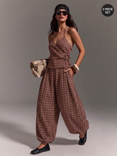 Athîral Women's Casual Halter Neck Tie Sleeveless Top & Balloon Pants Two Pieces Set, Suitable For Daily Wear, Date, Party