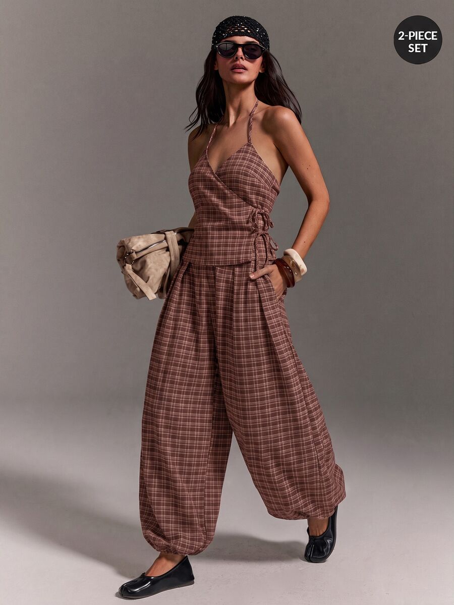Athîral Women's Casual Halter Neck Tie Sleeveless Top & Balloon Pants Two Pieces Set, Suitable For Daily Wear, Date, Party - Burgundy - View 1