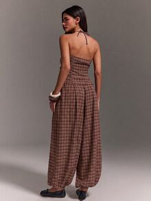 Athîral Women's Casual Halter Neck Tie Sleeveless Top & Balloon Pants Two Pieces Set, Suitable For Daily Wear, Date, Party - Burgundy - View 6