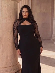 Coutiva Gaun Malam Formal Elegan Wanita Ukuran Plus dengan Detail Renda Kontras dan Potongan Mermaid yang Pas di Badan - Hitam - View 4