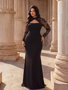 Coutiva Gaun Malam Formal Elegan Wanita Ukuran Plus dengan Detail Renda Kontras dan Potongan Mermaid yang Pas di Badan - Hitam - View 5