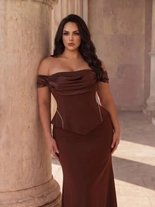 Coutiva Gaun Malam Formal Elegan Berkelas Model Duyung untuk Wanita Ukuran Plus, Desain Lipit Bahu Terbuka, Warna Cokelat, Musim Dingin - Coffee Brown - View 3