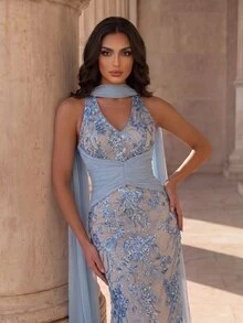 Coutiva Women's Floral Sequin Mermaid Hemline Ribbon Design Elegant Formal Glamorous Evening Dress Wedding Prom Bridal Pink Winter - Blue - View 6