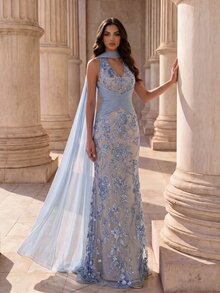 Coutiva Women's Floral Sequin Mermaid Hemline Ribbon Design Elegant Formal Glamorous Evening Dress Wedding Prom Bridal Pink Winter - Blue - View 7