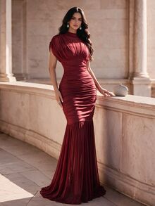 Coutiva Women's Solid Color Stand Collar Pleated Fishtail Hem Elegant Formal Formal Prom Bridal Evening Gown (Heavy Embellished) Wedding Burgundy Winter - Burgundy - View 7