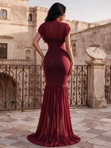Coutiva Women's Solid Color Stand Collar Pleated Fishtail Hem Elegant Formal Formal Prom Bridal Evening Gown (Heavy Embellished) Wedding Burgundy Winter - Burgundy - View 2
