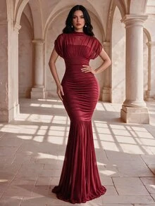 Coutiva Women's Solid Color Stand Collar Pleated Fishtail Hem Elegant Formal Formal Prom Bridal Evening Gown (Heavy Embellished) Wedding Burgundy Winter - Burgundy - View 4