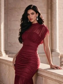 Coutiva Women's Solid Color Stand Collar Pleated Fishtail Hem Elegant Formal Formal Prom Bridal Evening Gown (Heavy Embellished) Wedding Burgundy Winter - Burgundy - View 1