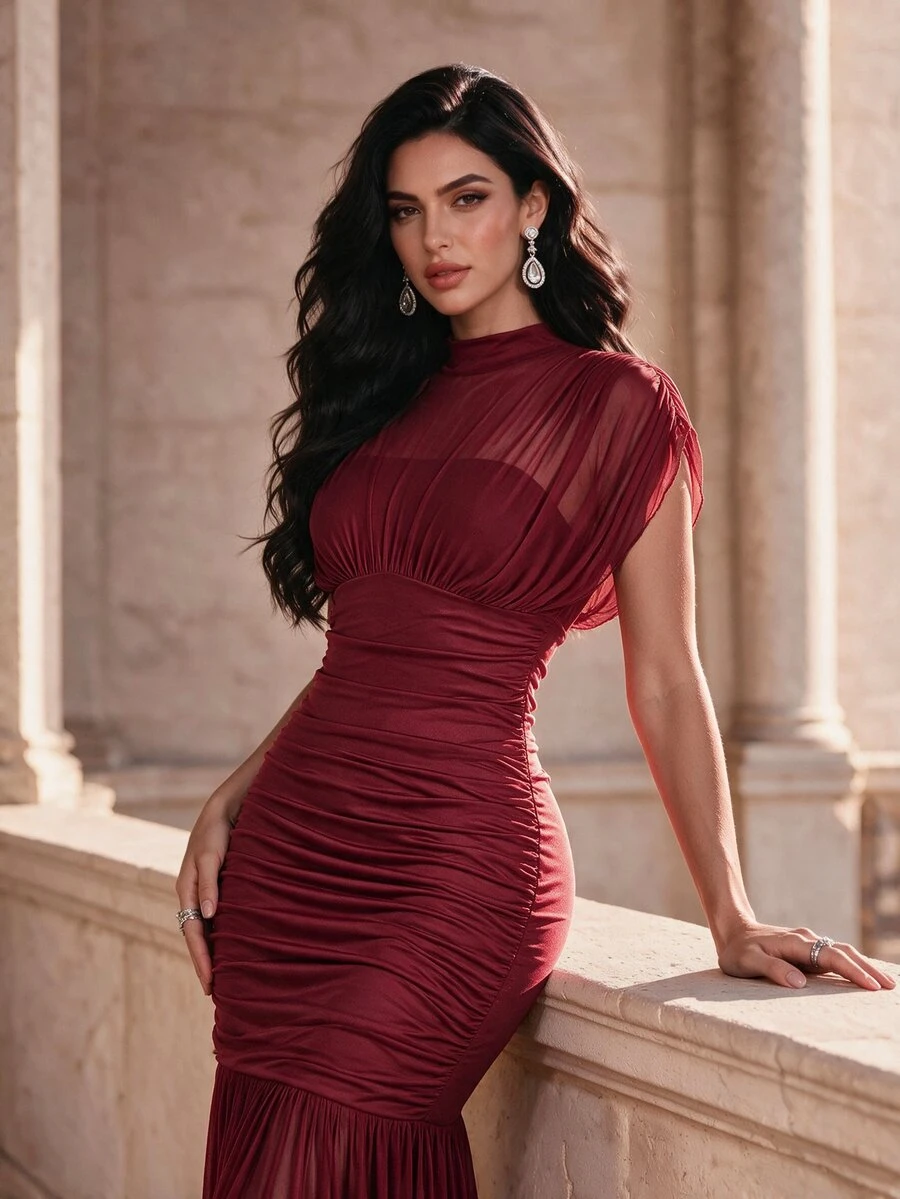 Coutiva Women's Solid Color Stand Collar Pleated Fishtail Hem Elegant Formal Formal Prom Bridal Evening Gown (Heavy Embellished) Wedding Burgundy Winter - Burgundy - View 1