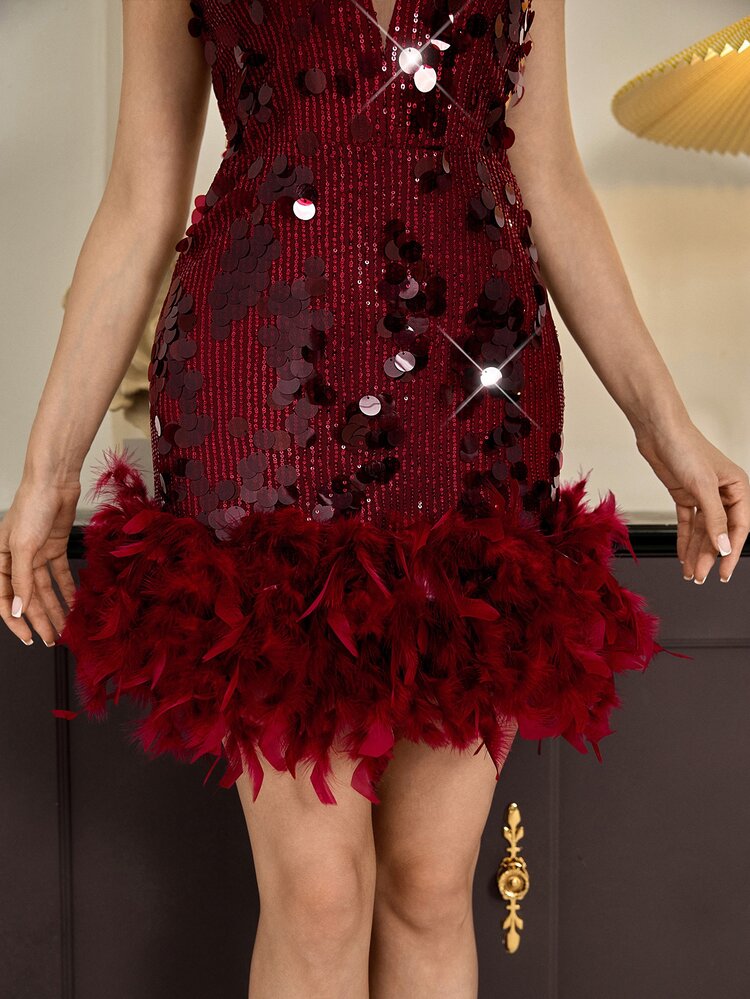 Poshira Mini Sexy Deep V-Neck Sequined Faux Feather Party Dress, Suitable For Birthday Parties, Cocktail Parties, Graduation Ceremonies, Music Festivals, Bachelor/Bachelorette Parties, And Everyday Wear. - Burgundy - View 4
