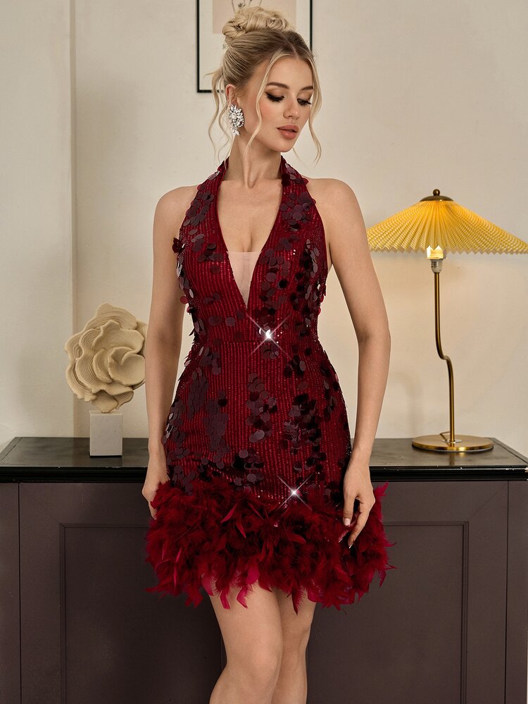 Poshira Mini Sexy Deep V-Neck Sequined Faux Feather Party Dress, Suitable For Birthday Parties, Cocktail Parties, Graduation Ceremonies, Music Festivals, Bachelor/Bachelorette Parties, And Everyday Wear. - Burgundy - View 7