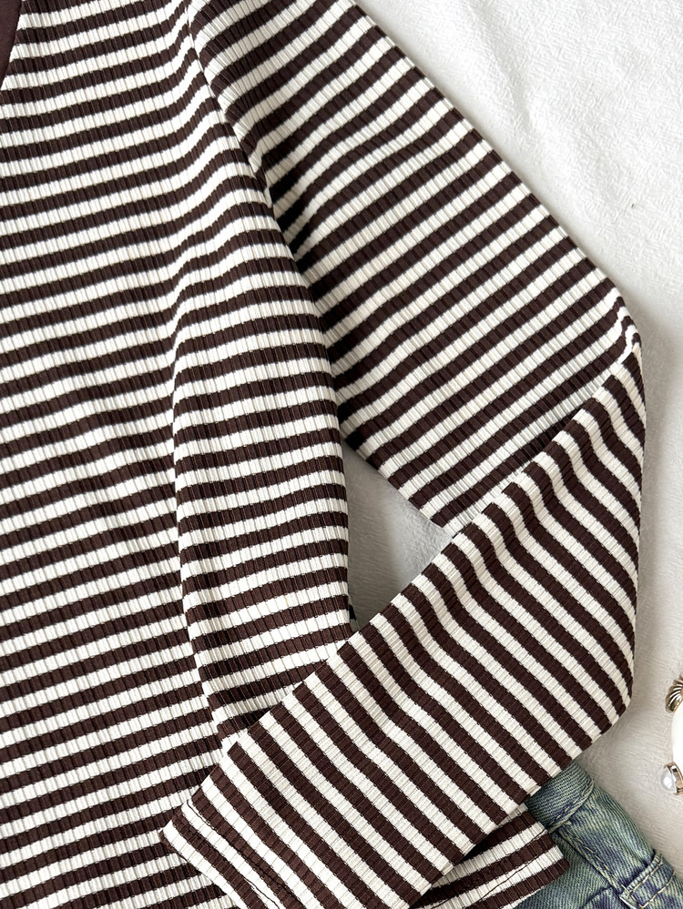 SHEIN Tween Girl Tween Girl V-Neck Brown Striped Long Sleeve Casual Versatile T-Shirt Daily Wear - Brown - View 6