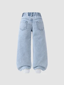 SHEIN Girls Strawberry Print Wide Leg Jeans, Light Wash Blue Denim Elastic High Waist Casual School Pants For Fall - Light Wash - View 6