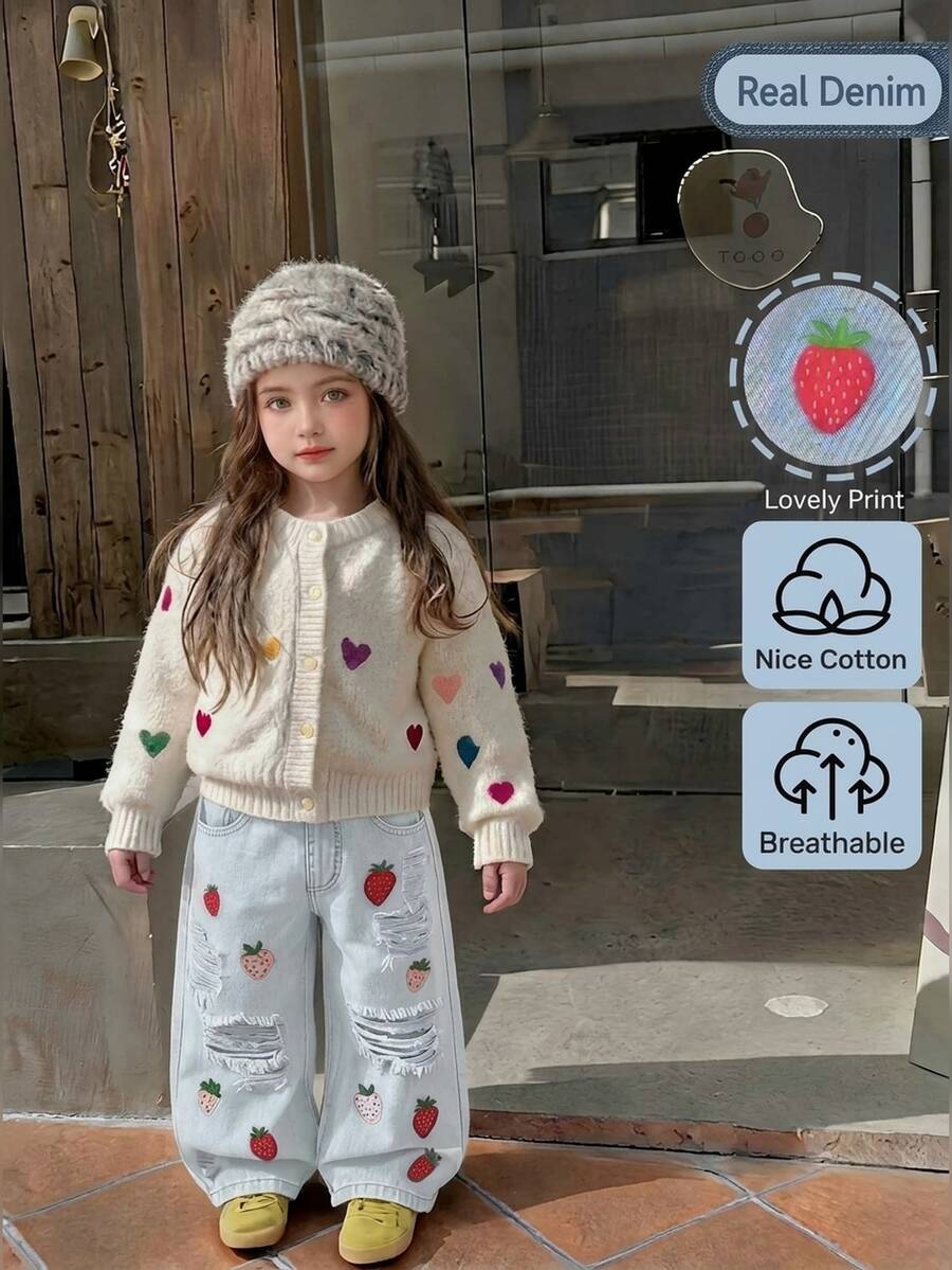 SHEIN Girls Strawberry Print Wide Leg Jeans, Light Wash Blue Denim Elastic High Waist Casual School Pants For Fall