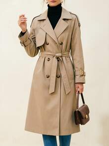 Solivie Women's Solid Color Double-Breasted Trench Coat, Lightweight, Suitable For Autumn/Winter Wear Work Tops  Elegant Women's Blouses - Khaki - View 6