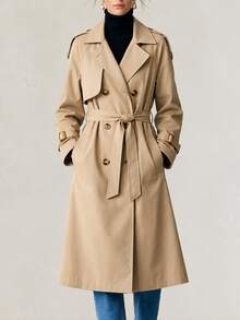 Solivie Women's Solid Color Double-Breasted Trench Coat, Lightweight, Suitable For Autumn/Winter Wear Work Tops  Elegant Women's Blouses - Khaki - View 5