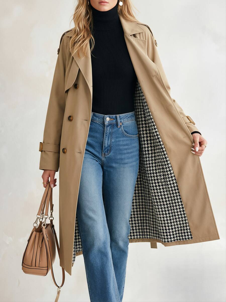 Solivie Women's Solid Color Double-Breasted Trench Coat, Lightweight, Suitable For Autumn/Winter Wear Work Tops  Elegant Women's Blouses - Khaki - View 1