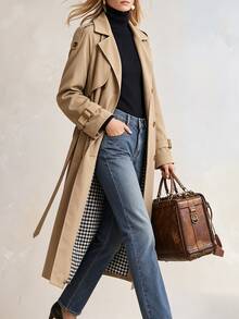 Solivie Women's Solid Color Double-Breasted Trench Coat, Lightweight, Suitable For Autumn/Winter Wear Work Tops  Elegant Women's Blouses - Khaki - View 2
