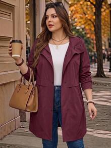 Rosumi Plus Size Women's Solid Color Long Sleeve Casual Hooded Trench Coat With Pockets Fall - Burgundy - View 3