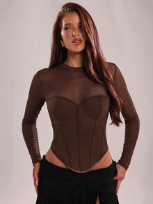 SHEIN BAE Fall& Winter Women's Solid Color Contrast Mesh Shaping Fashion Top Halloween Fall Clothes For Women , Winter Clothes,Elegant - Coffee Brown - View 3